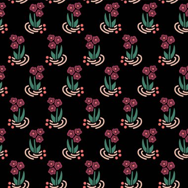 Halk çiçek sorunsuz yinelenen arka plan üzerine siyah pembe vektör. Dağınık küçük çiçek deseni. Kumaş, kız, çocuk odası, sayfa dolgular, ambalaj, dijital kağıt, kartlar, Dirnd, Trachten stoff, Tracht