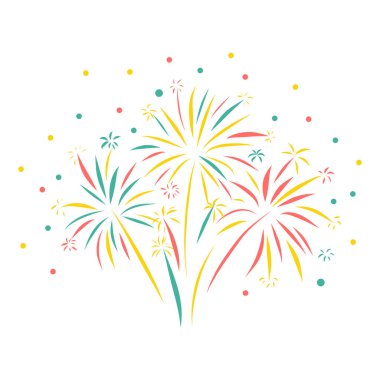 Havai fişek elle çizilmiş vektör illüstrasyon izole. Renkli havai fişek sahne. Tebrik kartı, mutlu yeni yıl, kutlama, yıldönümü, festival, parti, 4 Temmuz, davet, posterler, Doğum günü, Düğün