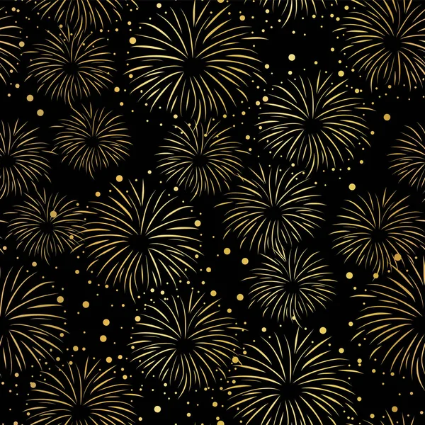 Feu d'artifice motif vectoriel sans couture. Feuille d'or isolée. Feux d'artifice métalliques brillants sur fond noir — Image vectorielle