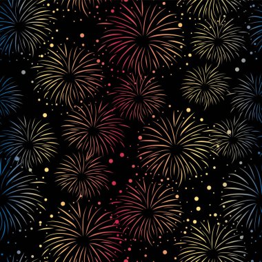 Havai fişek sorunsuz vektör desen izole. Siyah arka plan üzerine parlak havai fişek degrade. Parlak dekorasyon Noel kartı, mutlu yeni yıl kutlama, festival, parti yıldönümü, Temmuz