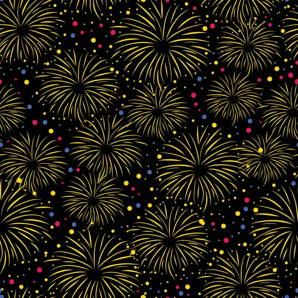 Feu d'artifice motif vectoriel sans couture isolé. Feu d'artifice coloré sur fond de ciel nocturne noir. Décoration lumineuse Carte de Noël, Bonne année, anniversaire, juillet, festival, invitation de fête — Image vectorielle