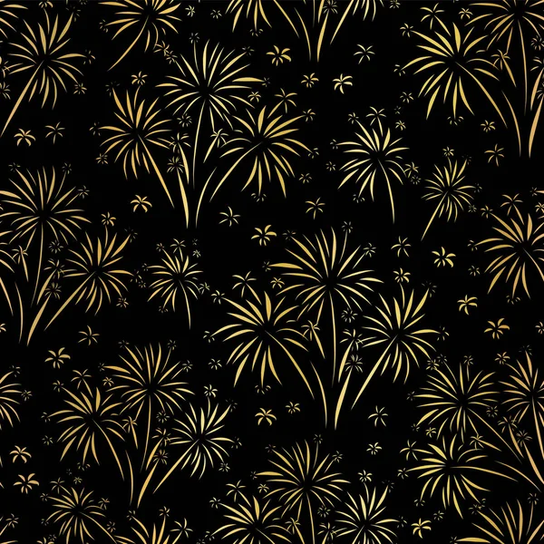 Vuurwerk naadloze vector patroon. Goud folie geïsoleerd. Metallic glanzende vuurwerk op zwarte achtergrond. Lichte decoratie kerstkaart, gelukkig Nieuwjaar feest, verjaardag, festival, feest, juli — Stockvector