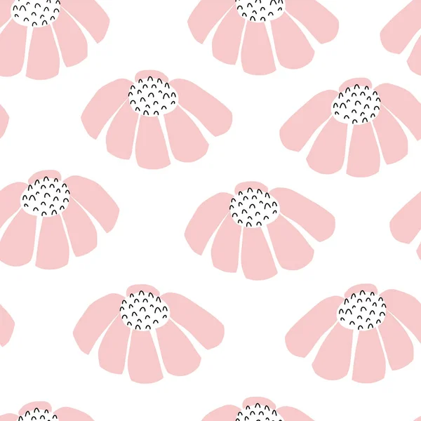 Vektor Blumen nahtlos wiederholen Hintergrund. verstreute Blütenmuster. flache rosa einfache Doodle-Blüten auf weiß. skandinavischen Stil. für Stoff, Mädchen, Kinderzimmer, Babydusche, Verpackung, Digitalpapier. — Stockvektor