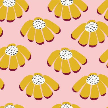 Sorunsuz vektör yinelenen arka plan çiçekler. Dağınık çiçek deseni. Düz altın sarı doodle pembe çiçekler. İskandinav tarzı. Kumaş, kız, çocuk odası için sayfayı dolduracak, paketleme, dijital kağıt.