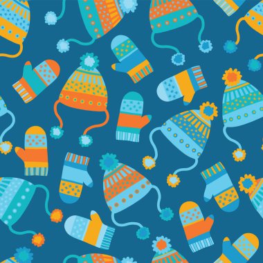 Şapka ve eldiven sorunsuz vektör arka plan. Turuncu ve mavi örme kış giysileri ile desen döşemesi. Kış giyim tasarım, düz İskandinav tarzı. Kullanım kağıt, afiş, kartları, poster, kumaş için