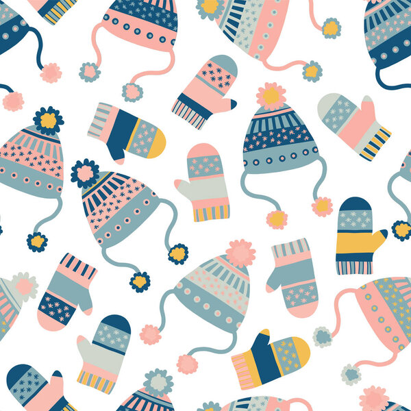 Seamless vector background with hats and mittens. Pattern tile with knitted winter clothes in pink and blue. Winter wear design, flat Scandinavian style. Use for paper, banner, cards, poster, fabric
