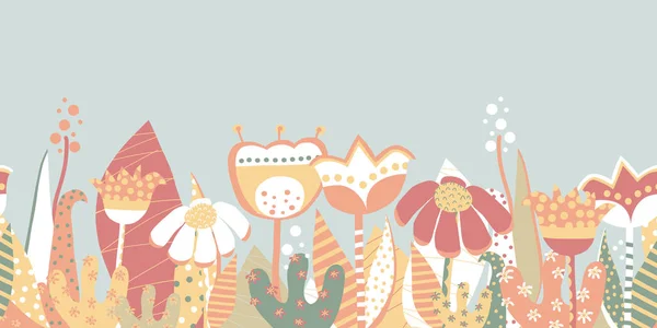 Perbatasan tak berjahit padang rumput bunga musim semi. Skandinavia gaya tangan digambar bunga datar. Ilustrasi musim panas botani. Kolase art florals for fabric, invitation, card design, dress, kids wallpaper - Stok Vektor