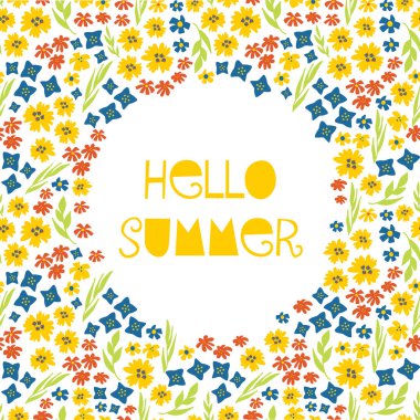 Merhaba yaz kadınsı vektör afiş kolaj stil metin, renkli çeşitli çiçekler beyaz yeşil sarı arka plan için mavi mevsim tebrik kartı tasarımı, kadın, kız, web afiş, yazı ile resimli.