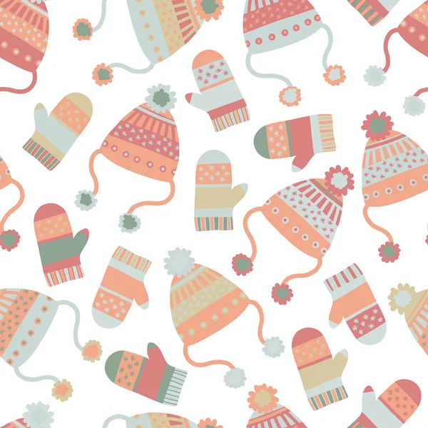 Fondo de invierno vector sin costuras con sombreros y mitones. Patrón de baldosas con ropa de punto en tonos pastel. Diseño de ropa de invierno, estilo escandinavo plano. Uso para el papel, la bandera, las tarjetas, el cartel, la tela — Archivo Imágenes Vectoriales