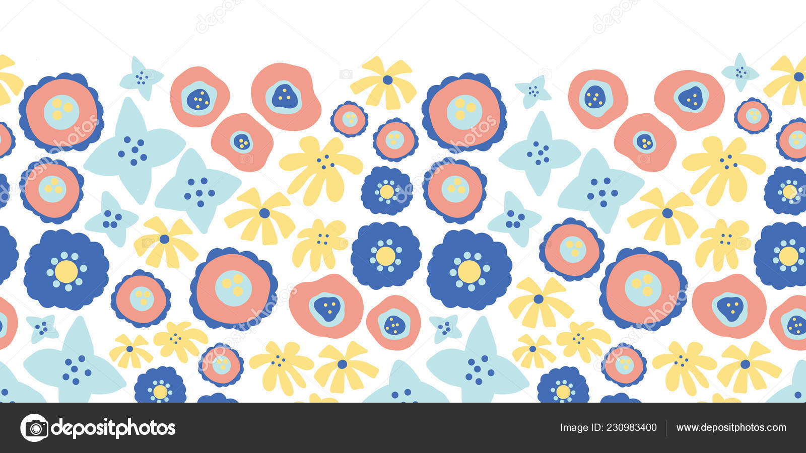 꽃 원활한 벡터 테두리를 반복 합니다. 손으로 그린 여름 꽃 분홍색, 노란색, 파란색 배경., image size:1600x900