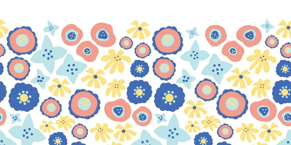 Floreale vettore senza soluzione di continuità ripetere bordo. Fiori estivi disegnati a mano sfondo rosa, giallo, blu. Doodle scandinavo piatto fiori ditsy. Ottimo per la primavera, estate, Pasqua, tessuto, abito, carta da parati, carte — Vettoriale Stock