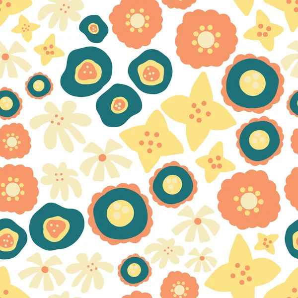 Vector inconsútil repetir patrón de flores dispersas. Flores dibujadas a mano fondo verde azulado, amarillo, naranja. Scandinavian doodle flat ditsy flowers. Ideal para primavera, verano, otoño, tela, papel, tarjeta, vestido — Vector de stock