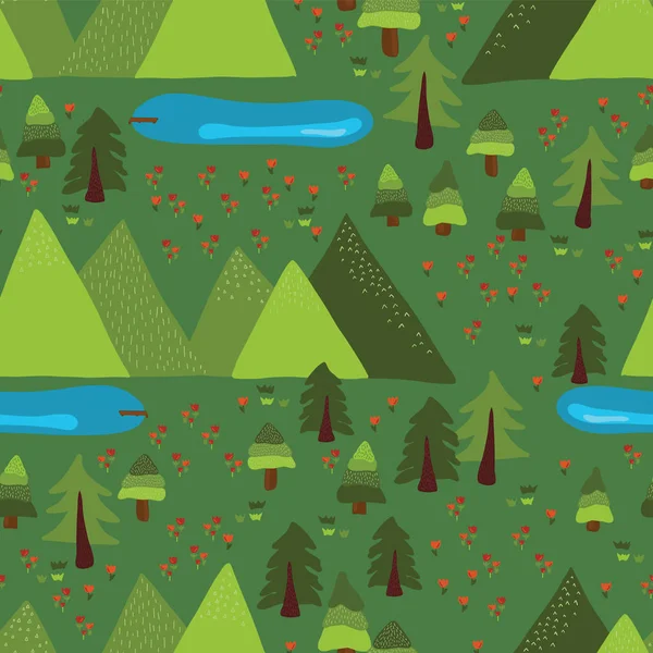 Trees, forest, lakes, meadow, mountains on green background. Mountain lake outdoor scene seamless vector pattern. Nature, national park, summer vacation, summer camp. Use for fabric, paper, web banner — Stock Vector