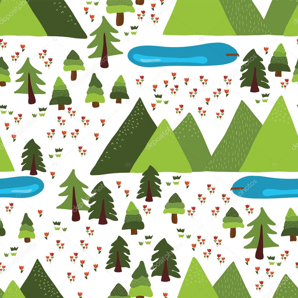 Mountain lakes outdoor scene vector pattern tile