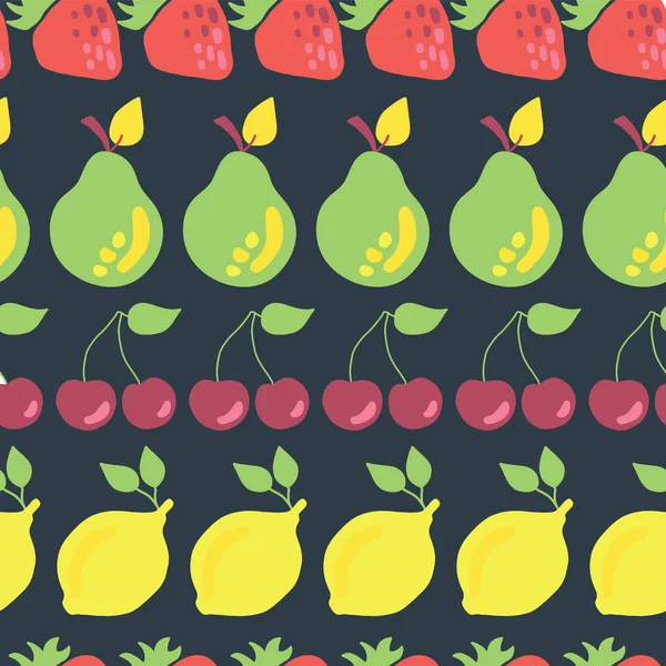 Frutas Filas Vector Patrón Sin Costura Fresas Peras Cerezas Limones — Archivo Imágenes Vectoriales