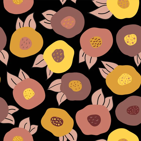 Otoño garabato flores patrón de repetición vectorial sin costura. Florales abstractos amarillos, naranjas, dorados y rosados sobre fondo negro. Estilo escandinavo Colores otoñales. Papel digital, tela, reserva de chatarra, banner . — Vector de stock