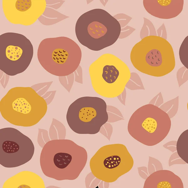 Autumn doodle flowers seamless vector repeat pattern. Yellow, orange, gold, and red abstract florals on pink background. Scandinavian style. Fall colors. Digital paper, fabric, scrap booking, banners. — Stock Vector