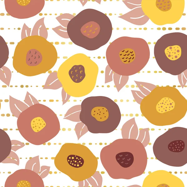 落書きの落下花と金箔のシームレスなベクトルの繰り返しパターン。黄色、オレンジ、金、赤、金色の縞模様の背景に花柄を抽象化します。北欧スタイル。秋の色。デジタル ペーパー、布. — ストックベクタ