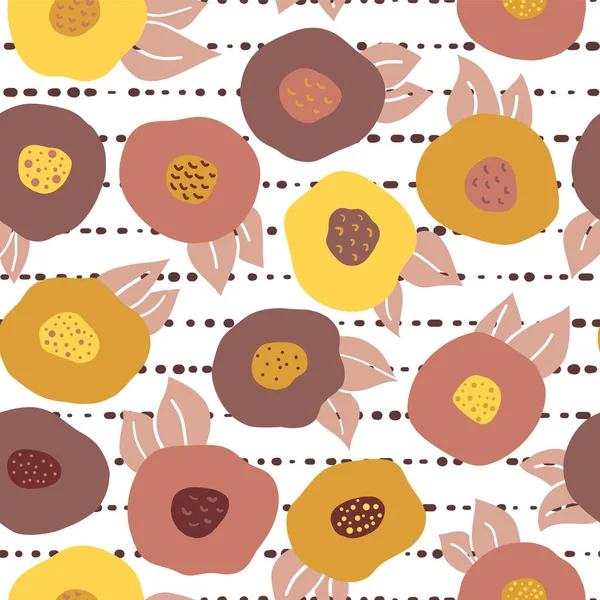 Herbst Doodle Blumen nahtlose Vektor-Wiederholungsmuster. gelbe, orangefarbene, goldene und rote abstrakte Blüten auf gestreiftem Hintergrund. skandinavischen Stil. Herbstfarben. digitales Papier, Stoff, Schrottbuchung, Banner — Stockvektor