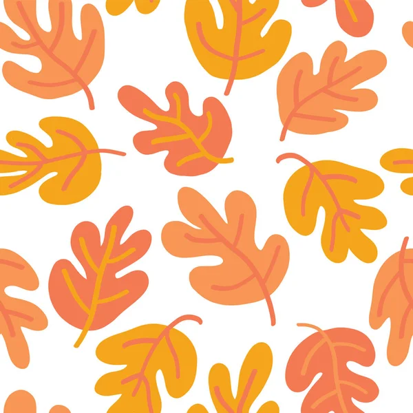 Vector seamless Autumn pattern of fall leaves. Oak leaf seaonal background red, yellow, gold, and white for textile, digital paper, wallpaper, web banner, invitation, Thanksgiving, page fill, card. — Stock Vector