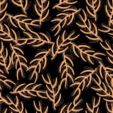 Sorunsuz vektör arka plan çiçek çim şekilleri. Mercan turuncu soyut dağınık fern desen siyah zemin üzerinde. Kumaş, parti, kartları, ev dekorasyonu, Doğum günü, web afiş, dijital kağıt için egzotik tasarım.