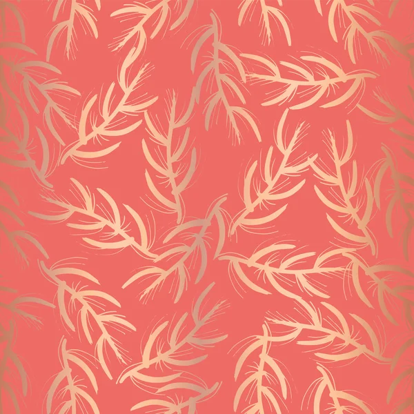 Bladkoper floral naadloze vector achtergrond. Rose gold abstract wildflower gras vormen op koraal roze achtergrond. Elegante patroon voor scrapbookingateliers, banner, verpakking, bruiloft, feest, uitnodiging, blog — Stockvector