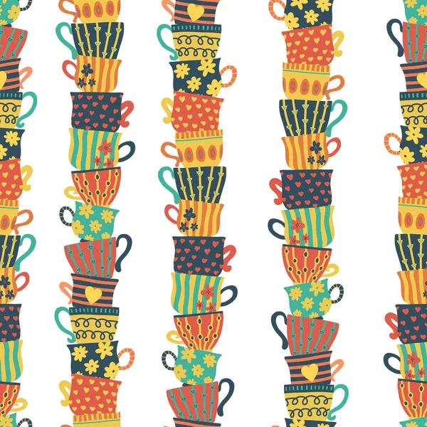 Seamless pattern piles stacked colorful tea cups — Stock Vector