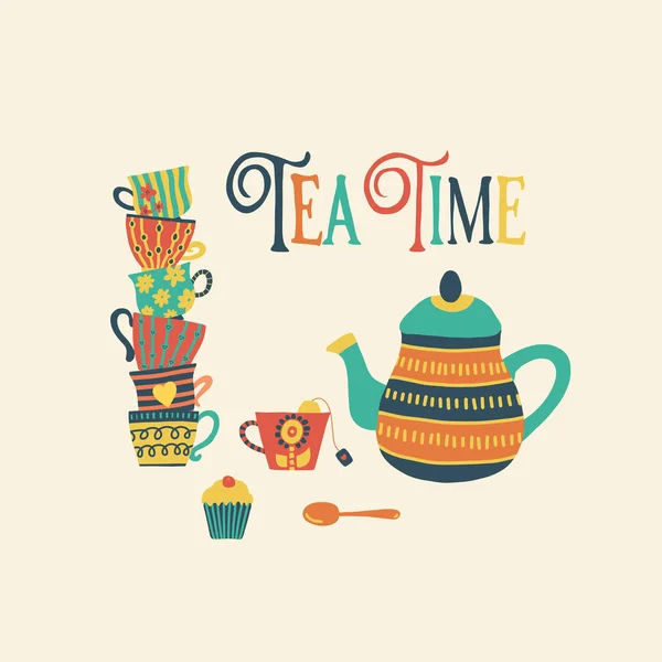Tea time hand drawn vector illustration Retro — Stock Vector