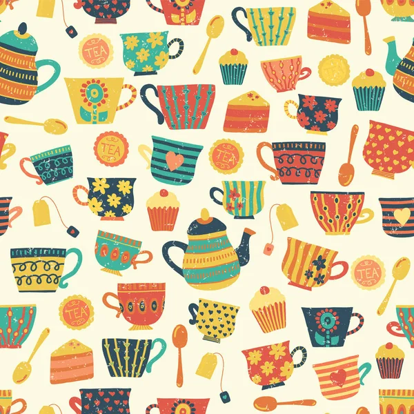Seamless retro tea cup vector pattern background beige. Distressed vintage look. Hand drawn tea mugs, teapot, spoons, cupcake. For paper, packaging, fabric, menu, cafe, bakery, tea party, card, winter — Stock Vector