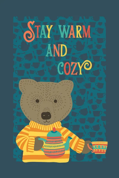 可爱的熊与茶杯向量例证蓝色。斯堪的纳维亚风格。保持温暖和舒适的字母。手绘熊, 杯子, 茶壶。冬季、茶时间、茶话会、贺卡、秋季、秋季、孩子们 — 图库矢量图片