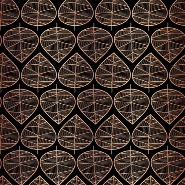 Zarif Rose altın folyo siyah sorunsuz vektör arka plan üzerinde yaprak. Metalik Bakır desen. Yinelenen doku stilize yaprak tasarım vektör. Kutlama, parti, tatil kartları için zarif sanat