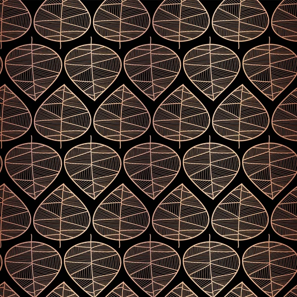 Zarif Rose altın folyo siyah sorunsuz vektör arka plan üzerinde yaprak. Metalik Bakır desen. Yinelenen doku stilize yaprak tasarım vektör. Kutlama, parti, tatil kartları için zarif sanat