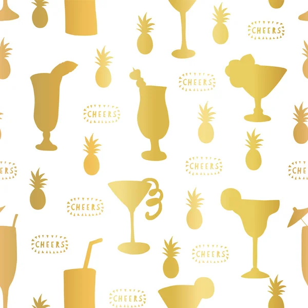 Goud Folie Cocktailglas Naadloze Vector Patroon Gouden Alcohol Drinkglazen Witte — Stockvector