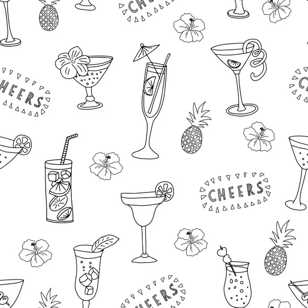 Cocktail Glazen Zwart Een Witte Achtergrond Met Cheers Belettering Ananas — Stockvector