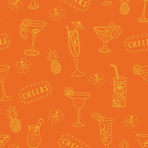 Cocktail Glazen Naadloze Vector Patroon Gele Drinkglazen Een Oranje Achtergrond — Stockvector