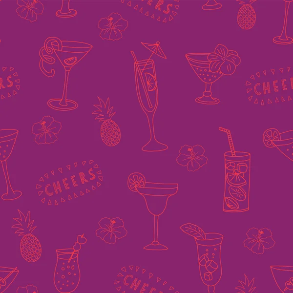 Cocktail Glazen Naadloze Vector Patroon Roze Drinkglazen Een Paarse Achtergrond — Stockvector