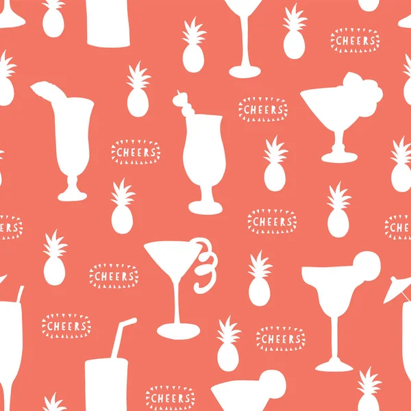 Cocktailglas naadloze vector patroon. Witte alcohol drinkglazen op een koraal achtergrond met gejuich belettering en ananas. Voor achtergrond, restaurants, menu, bar menu, decoratie, summer party — Stockvector
