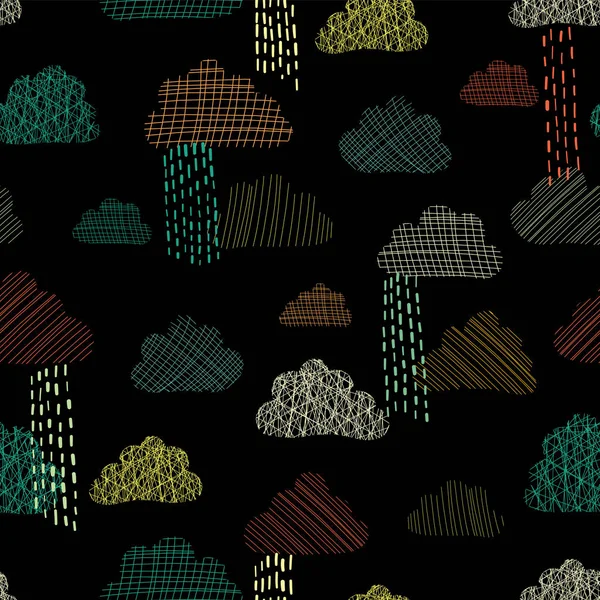 Rain doodle clouds in the sky seamless vector pattern background. Teal, green, orange, and yellow silhouettes of textured clouds on black background. Great for kids, fabric, paper, web banners, cards — Stock Vector