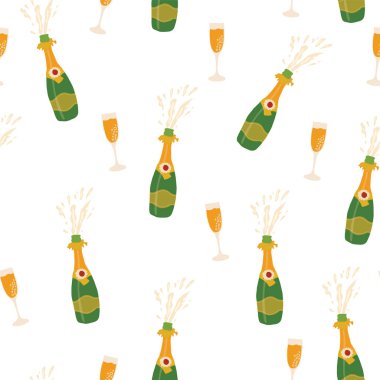 Dikişsiz desen arka plan vektör şampanya şişeleri ve gözlük. Şampanya patlama ve şampanya flüt elle çizilmiş çizimi. Büyük parti, yeni yıl arifesinde, Noel, özel günler, kart, için davet