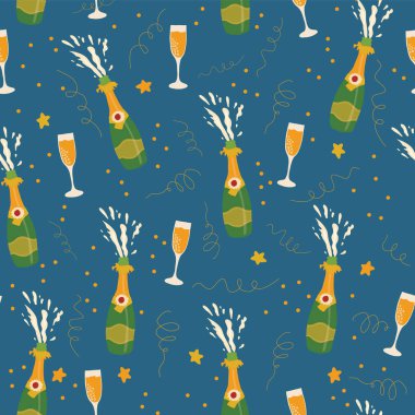 Şampanya şişe ve bardak vektör desen mavi