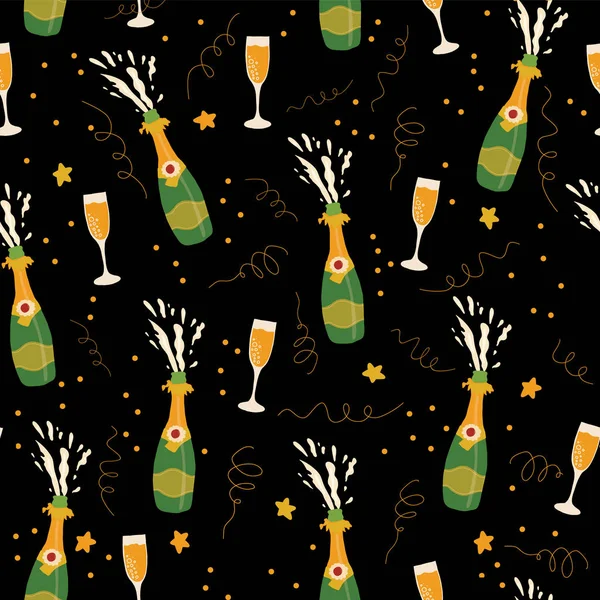 Champagne flessen en glazen vector patroon — Stockvector