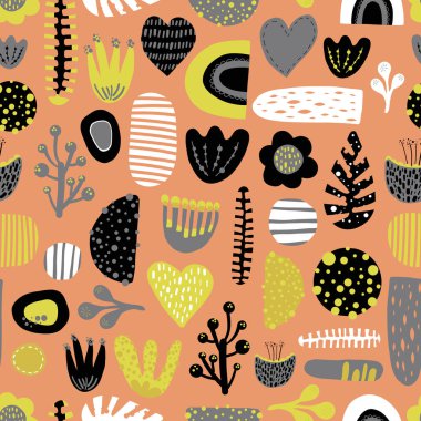 Şirin İskandinav tasarım çocuklar. Kalp, çiçekler, bitkiler, gökkuşağı şekiller siyah, gri, beyaz, turuncu zemin üzerine hardal ile sorunsuz soyut vektör desen. Kumaş, blog afiş, ambalaj, kağıt için