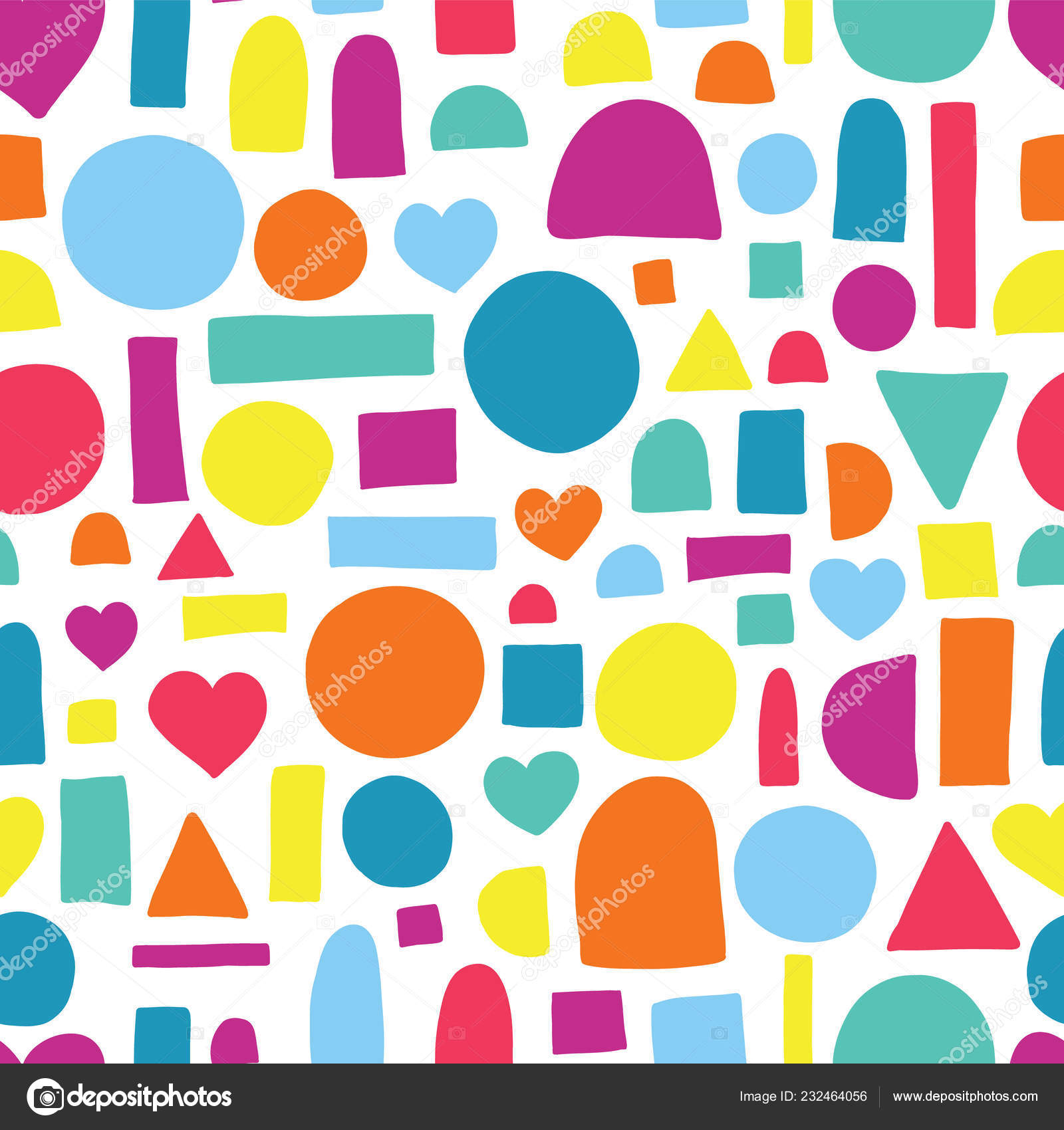 hearts circles half circles rectangles and squares pattern geometric doodle shapes seamless vector pattern blue pink yellow and orange abstract shapes on a white background stock vector c studio sandrahutter com 232464056 https depositphotos com 232464056 stock illustration hearts circles half circles rectangles html