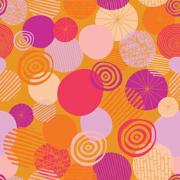 Circles vector seamless pattern. Abstract geometric dots background. Geometric doodle shapes pink, orange, coral, and peach on an orange background. Young fresh modern design for women and girls — Stock Vector