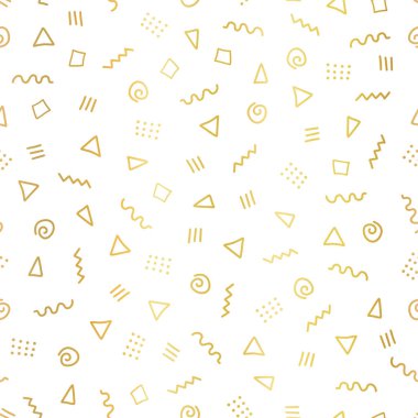 Altın folyo soyut doodle şekiller sorunsuz arka plan vektör. Parlak metalik altın üçgen, twirls, kareler, beyaz noktalar. Retro Memphis tarzı tasarım parti davetiye, kutlama, düğün için