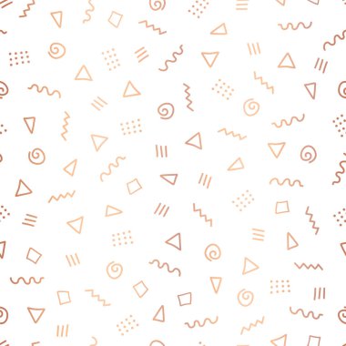 Rose Gold folyo soyut doodle şekiller sorunsuz arka plan vektör. Parlak metalik bakır üçgen, twirls, kareler, beyaz noktalar. Memphis tarzı sanat parti davetiye, kutlama, düğün için