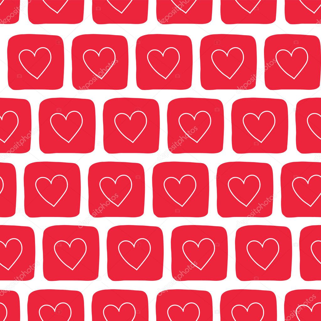 Hand drawn red doodle squares with white hearts. Vector seamless pattern. Perfect for backgrounds, Valentines day, fabric, and paper projects.