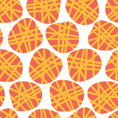 Soyut düzensiz şekiller vektör seamless modeli. Şeftali ve sarı nokta kırmızı bir arka plan üzerinde. Büyük kumaş baskı, kağıt projeleri ve ambalaj için.