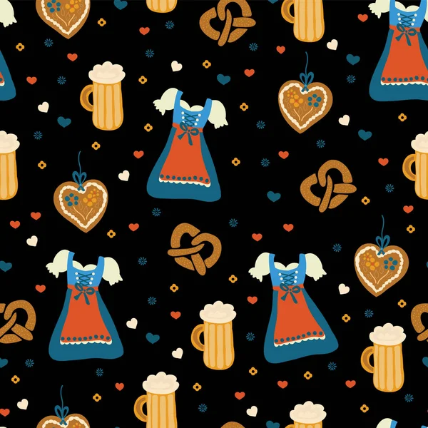 Oktoberfest Naadloze Vector Patroon Traditionele Oktoberfest Artikelen Zwarte Achtergrond Dirndl — Stockvector