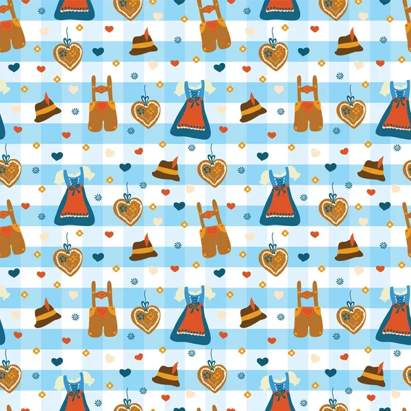 Robe Dirndl Lederhosen Oktoberfest Motif Vectoriel Sans Couture Lebkuchenherz Fleurs — Image vectorielle